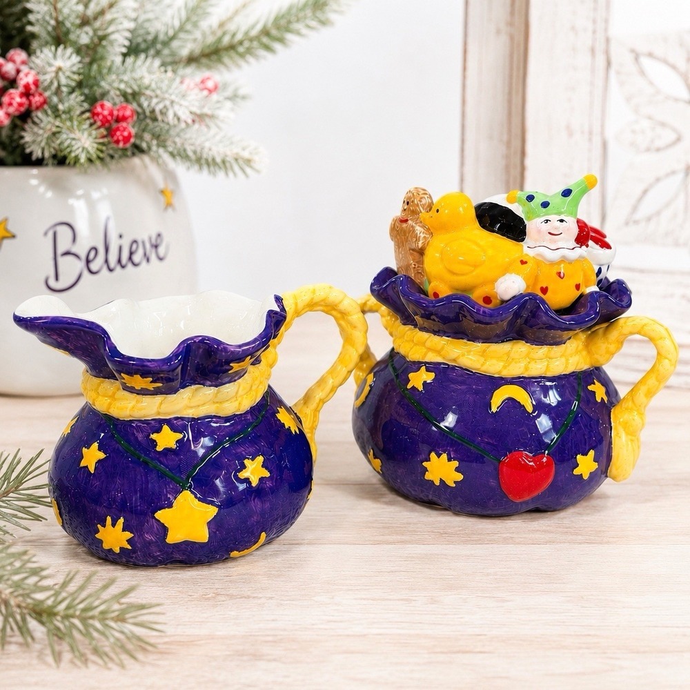 Mary Engelbreit Believe Creamer & Sugar Bowl Set 1999 Christmas 15th Anniversary